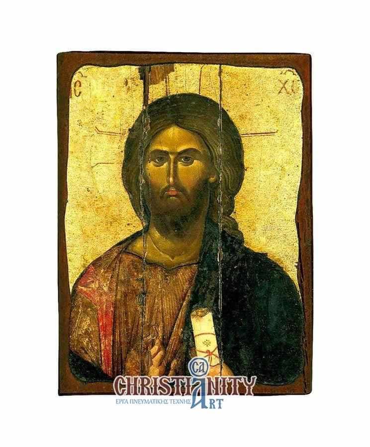 Jesus Christ - Wood aged image on canvas with golden background - Mount Athos — Paintings from Christianity Art