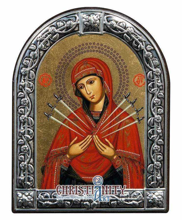 Virgin Mary with 7 Swords - Image in wood with stainless steel frame - Mount Athos — Wall reliefs from Christianity Art