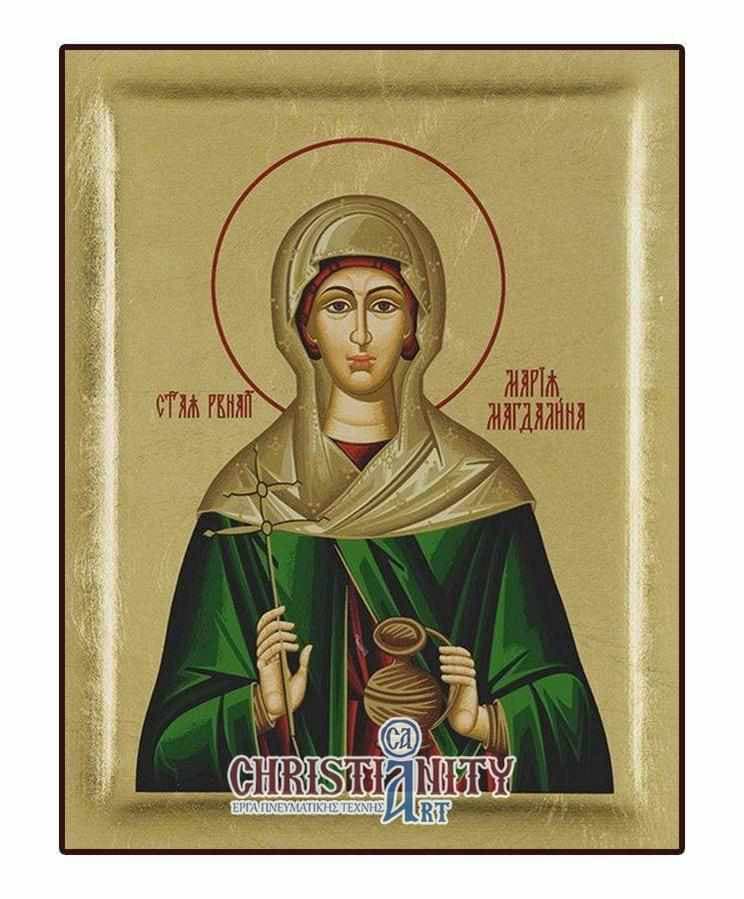 Maria Magdalene - Engraved wooden image on canvas with golden background - Mount Athos — Paintings from Christianity Art