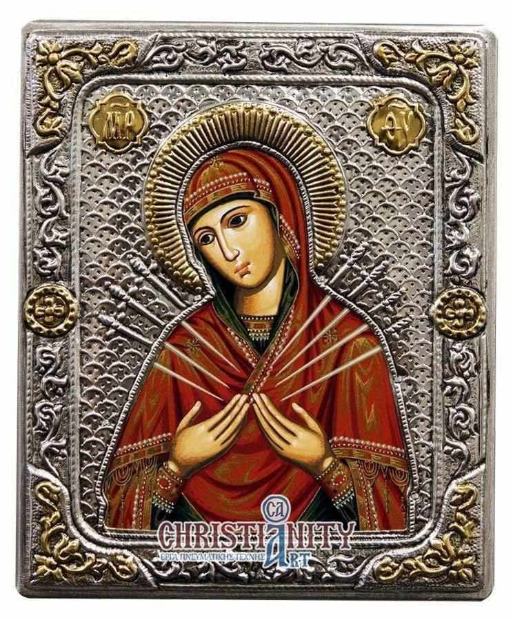 Virgin Mary with 7 Swords - Silver image on wood, locally gilded - Mount Athos — Wall reliefs from Christianity Art