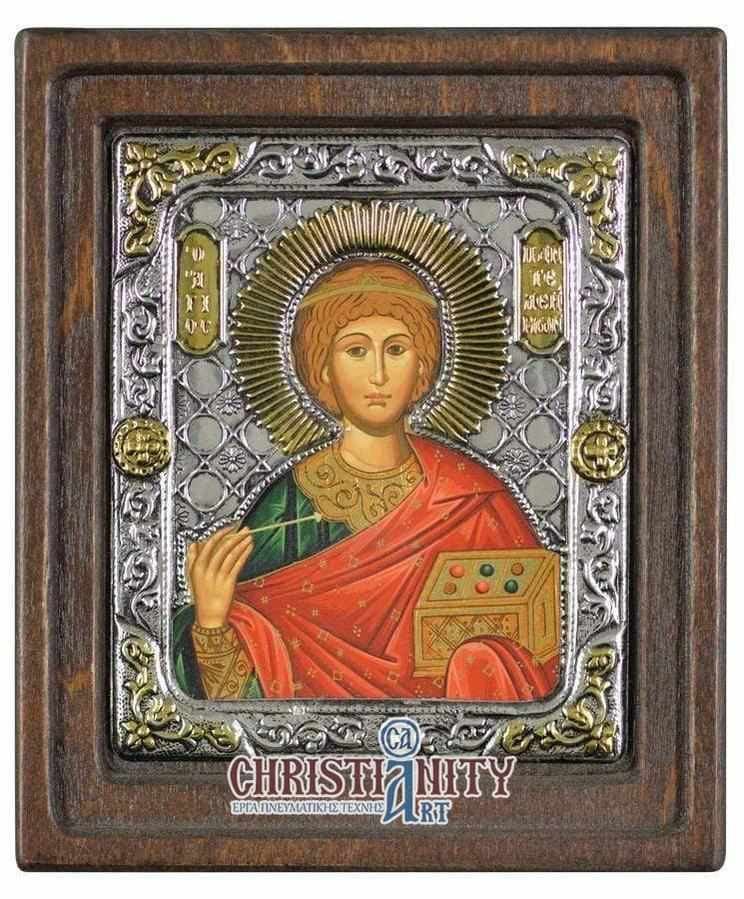 Saint Panteleimons - Silver image on wood, locally gold plated - Mount Athos — Wall reliefs from Christianity Art