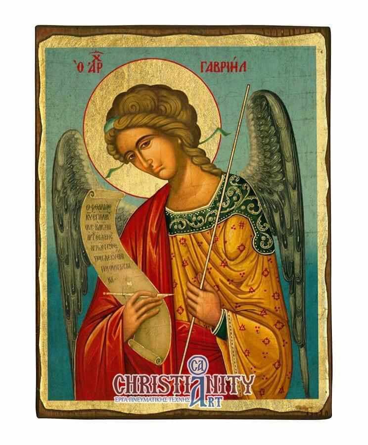 Archangel Gabriel - Wooden aged image on canvas with golden background - Mount Athos — Paintings from Christianity Art