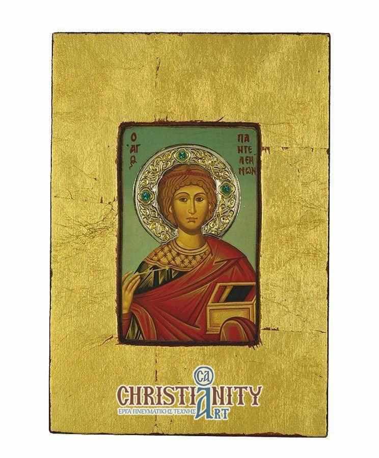 Saint Panteleimon - Old wooden image with silver halo locally gold plated - Mount Athos — Paintings from Christianity Art