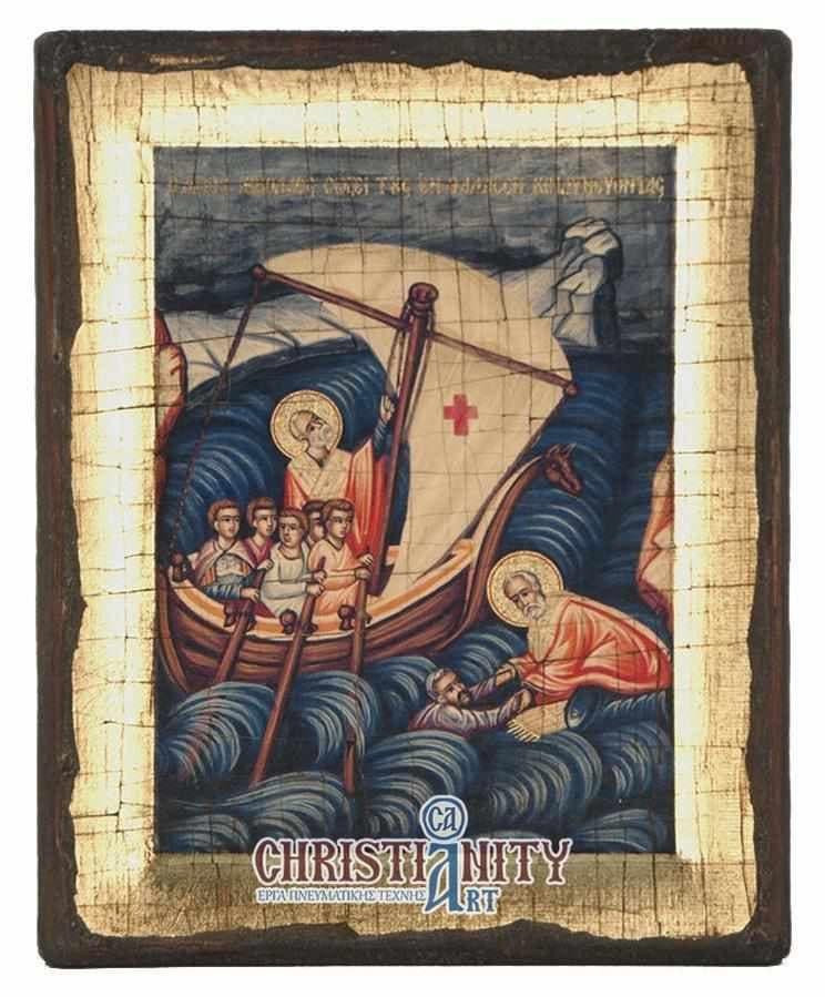 The Miracle of St. Nicholas - Engraved wooden aged image on canvas with golden background - Mount Athos — Paintings from Christianity Art