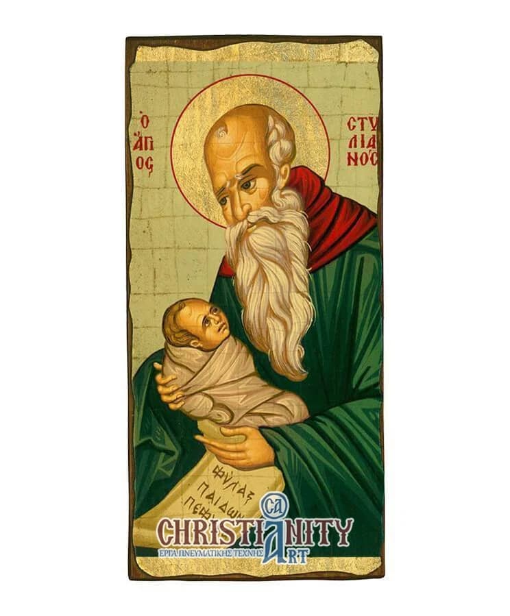 Saint Stylianos - Wooden aged image on canvas with golden background - Mount Athos — Paintings from Christianity Art