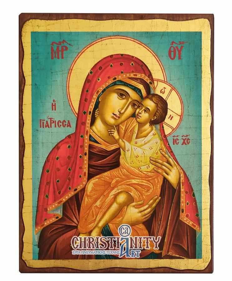 Virgin Mary Giatissa - Wooden aged image on canvas with golden background - Mount Athos — Paintings from Christianity Art