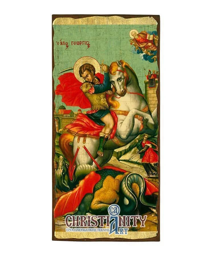 Saint George - Aged wooden image on canvas with gold background - Mount Athos — Paintings from Christianity Art