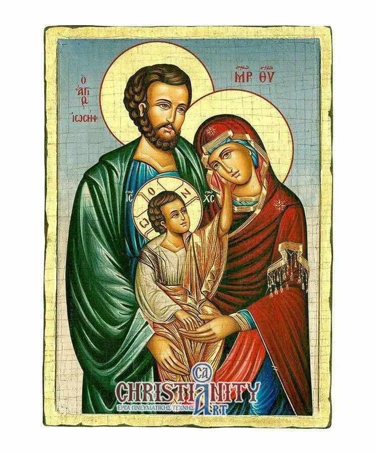 The Holy Family - Excavated wooden image on canvas with gold background - Mount Athos — Paintings from Christianity Art