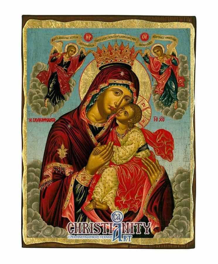 Virgin Mary Glykissousa - Wooden aged image on canvas with golden background - Mount Athos — Paintings from Christianity Art