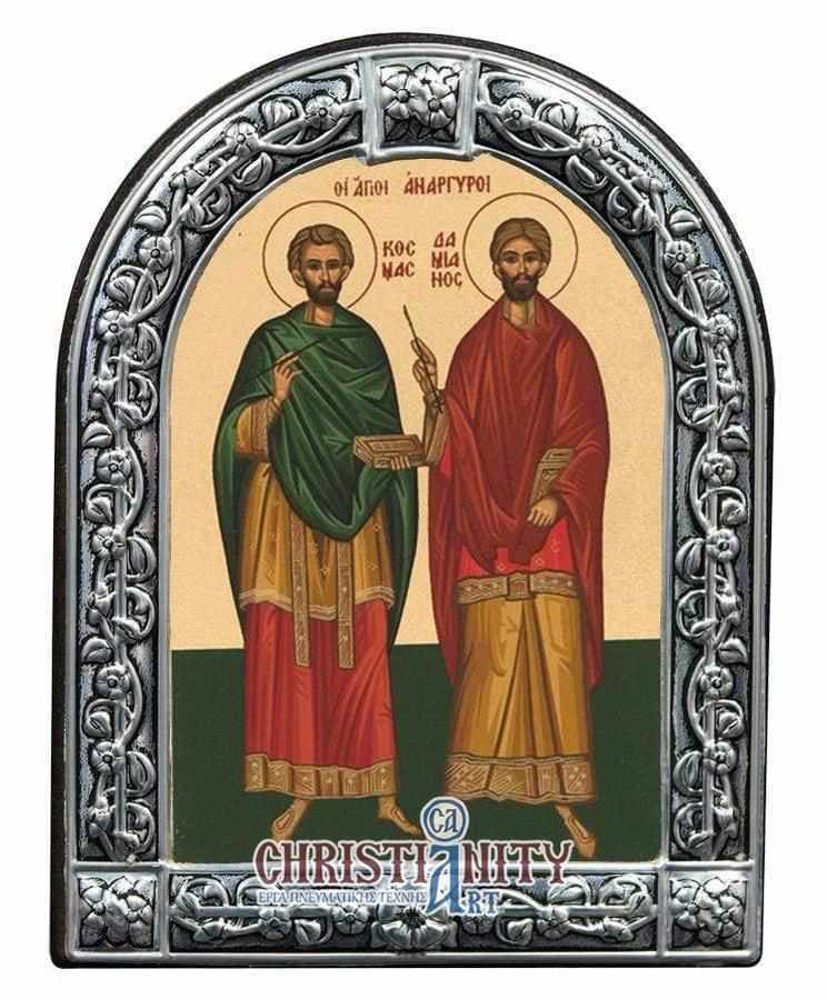 Saints Anargyri - Image on wood with an indelible metal frame - Mount Athos — Wall reliefs from Christianity Art