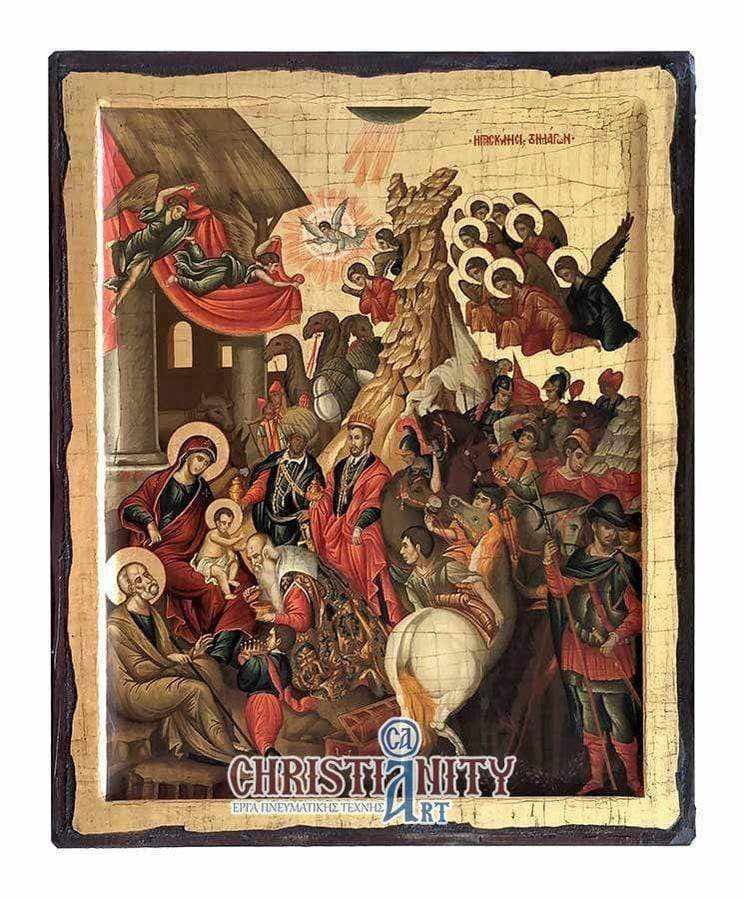 The Birth and Pilgrimage of the Wizards - Engraved wooden image on canvas with gold background - Mount Athos — Paintings from Christianity Art