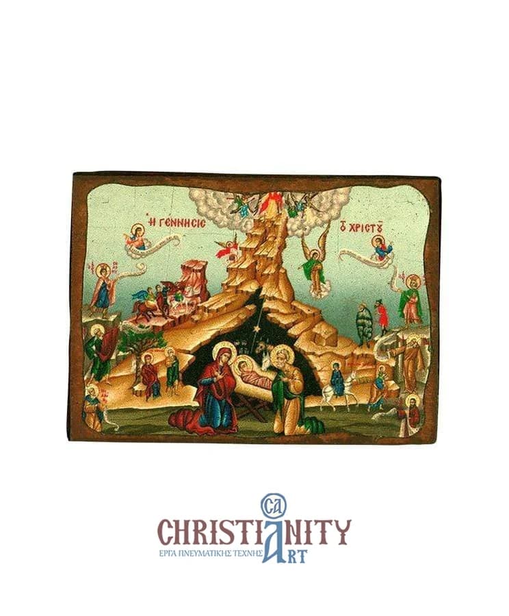 The Birth of Christ - Wooden aged image on canvas with golden background - Mount Athos — Paintings from Christianity Art