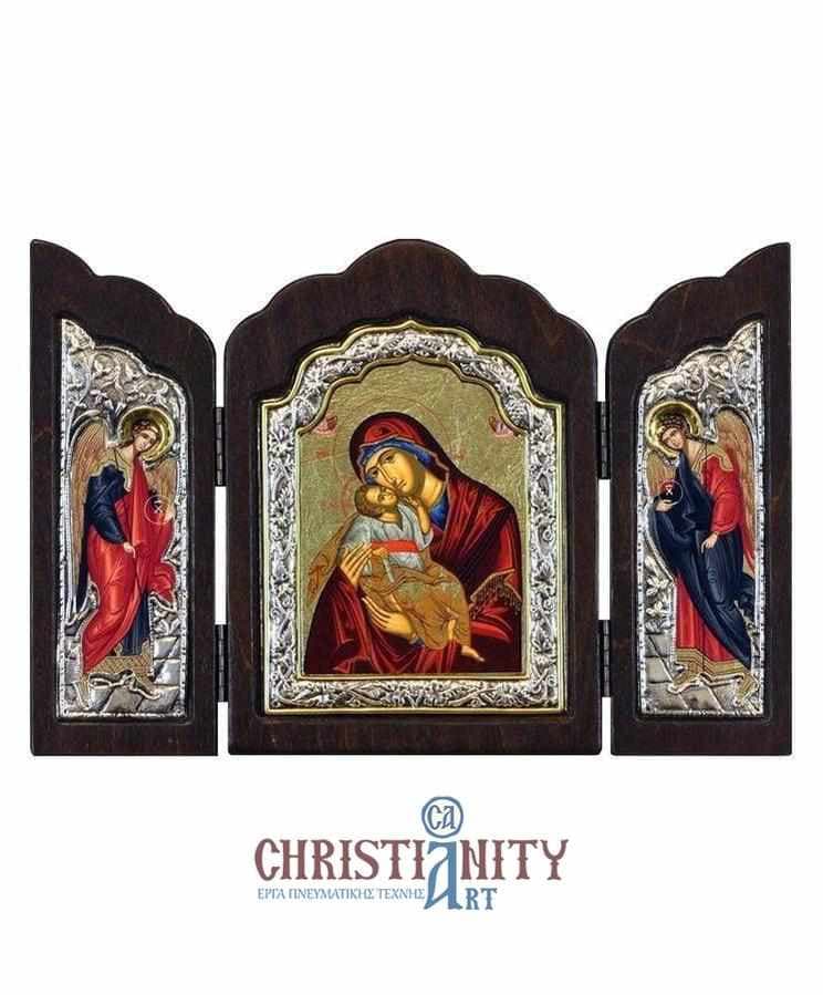 Virgin Mary Glylofilousa - Silver icon triptych in wood, locally gilded - Mount Athos — Wall reliefs from Christianity Art
