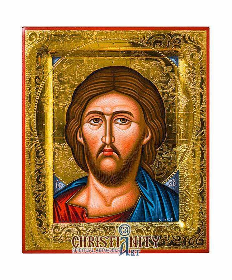 Christ Almighty - Stylist 100% handmade image on canvas with gold background 24 carats on specially processed wood - Mount Athos — Paintings from Christianity Art