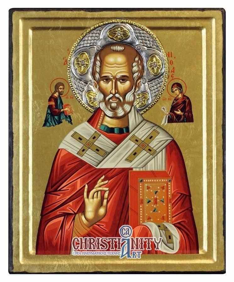 Saint Nikolaos - Engraved wooden image with silver halo - Mount Athos — Paintings from Christianity Art