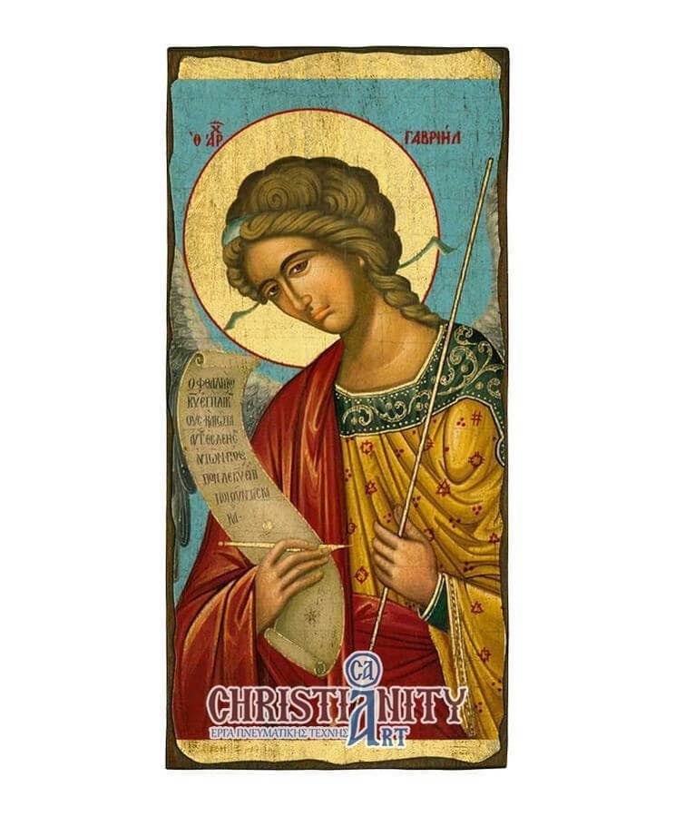 Archangel Gabriel - Wooden aged image on canvas with golden background - Mount Athos — Paintings from Christianity Art