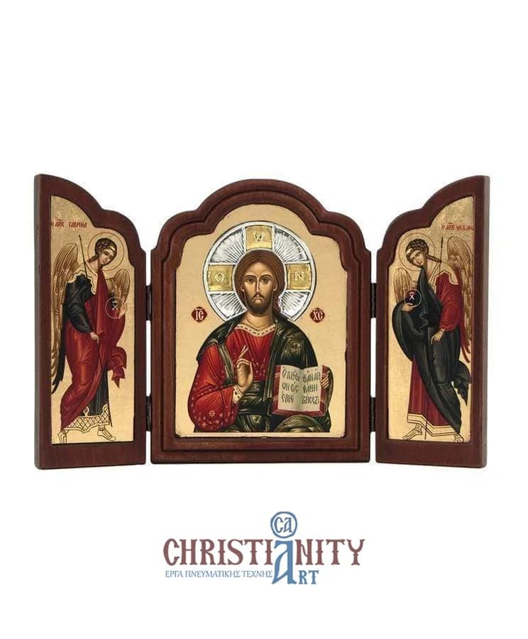 Jesus Christ Kazan - Old wooden icon triptych with silver halo locally gilded - Mount Athos — Paintings from Christianity Art