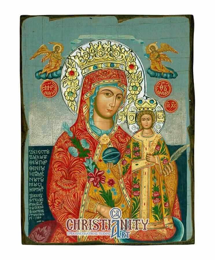 Virgin Mary of Rhodes - Old wooden image with silver halo locally gold plated - Mount Athos — Paintings from Christianity Art