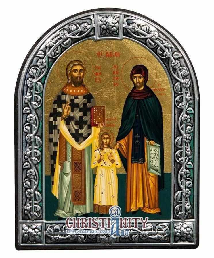 Saints Raphael Nikolaos and Irene - Image on wood with an indelible metal frame - Mount Athos — Wall reliefs from Christianity Art