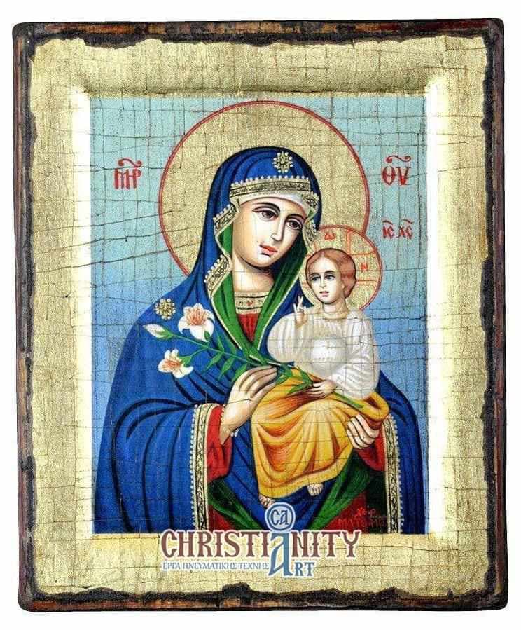 Virgin Mary of Lilies - Handmade icon of hagiography on aged wood - Mount Athos — Paintings from Christianity Art