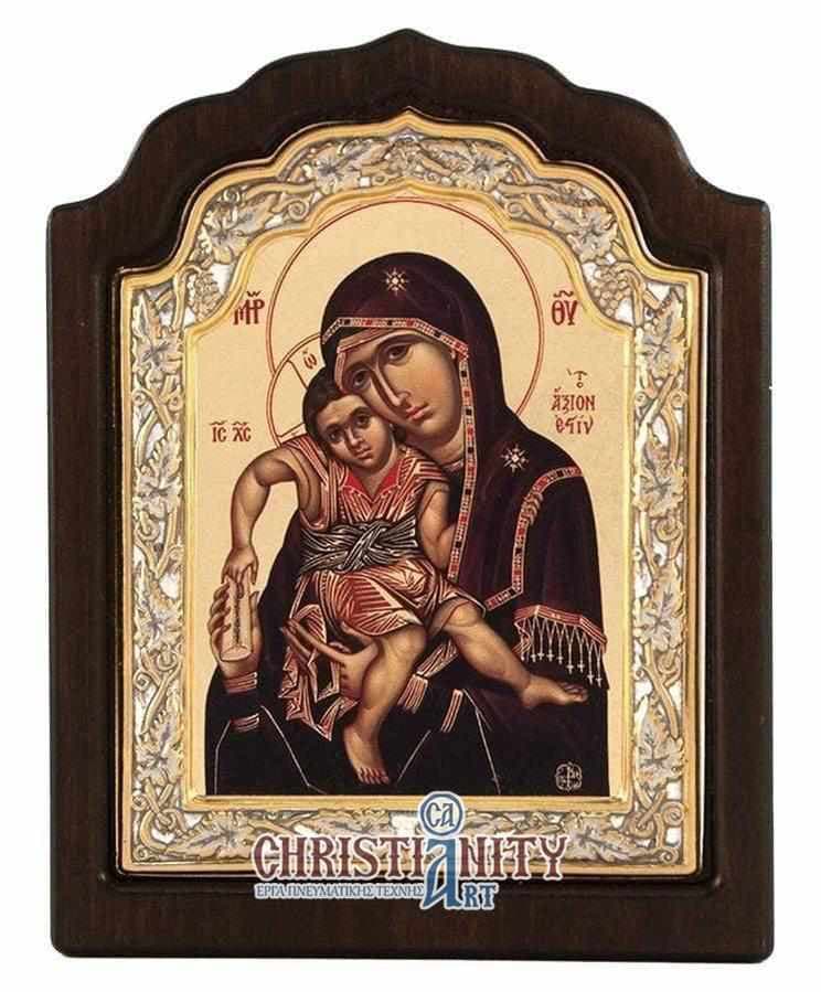 Virgin Mary Axion Esti - Silver image on wood, locally gilded - Mount Athos — Wall reliefs from Christianity Art