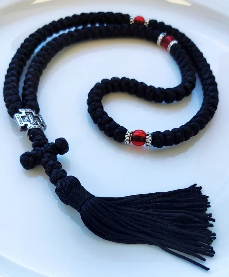 Athonite Waxed Prayer Rope with 100 Knots, Metal Cross & Tassel – Black with Coloured Beads — Bracelets from Christianity Art