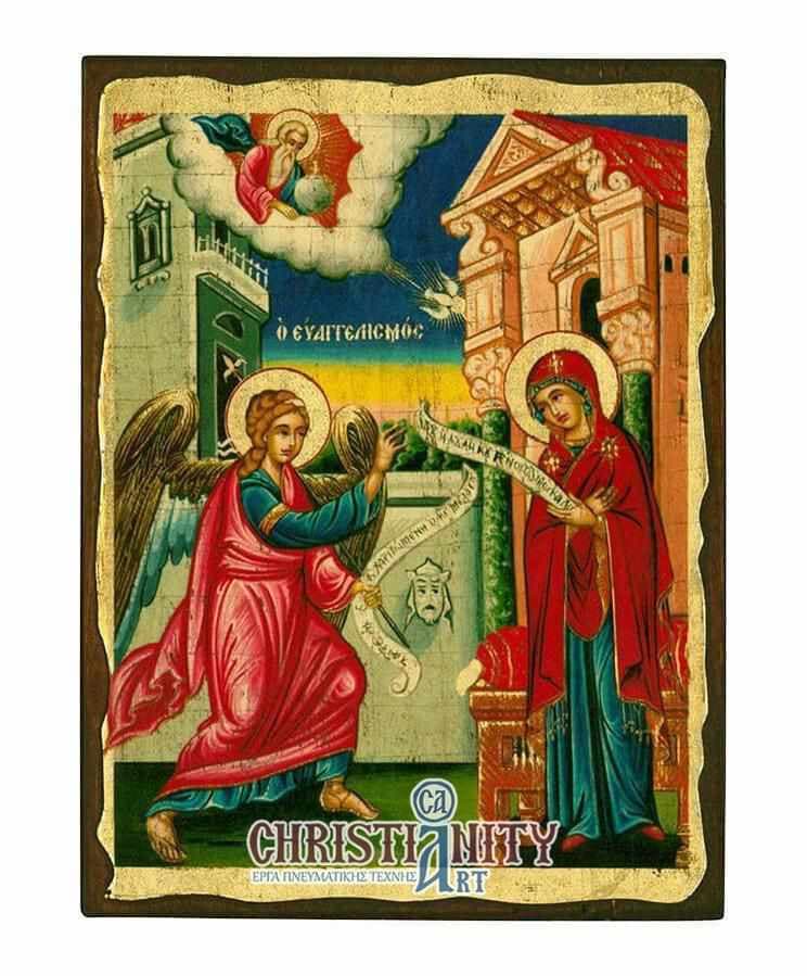 The Annunciation - Wooden aged image on canvas with golden background - Mount Athos — Paintings from Christianity Art
