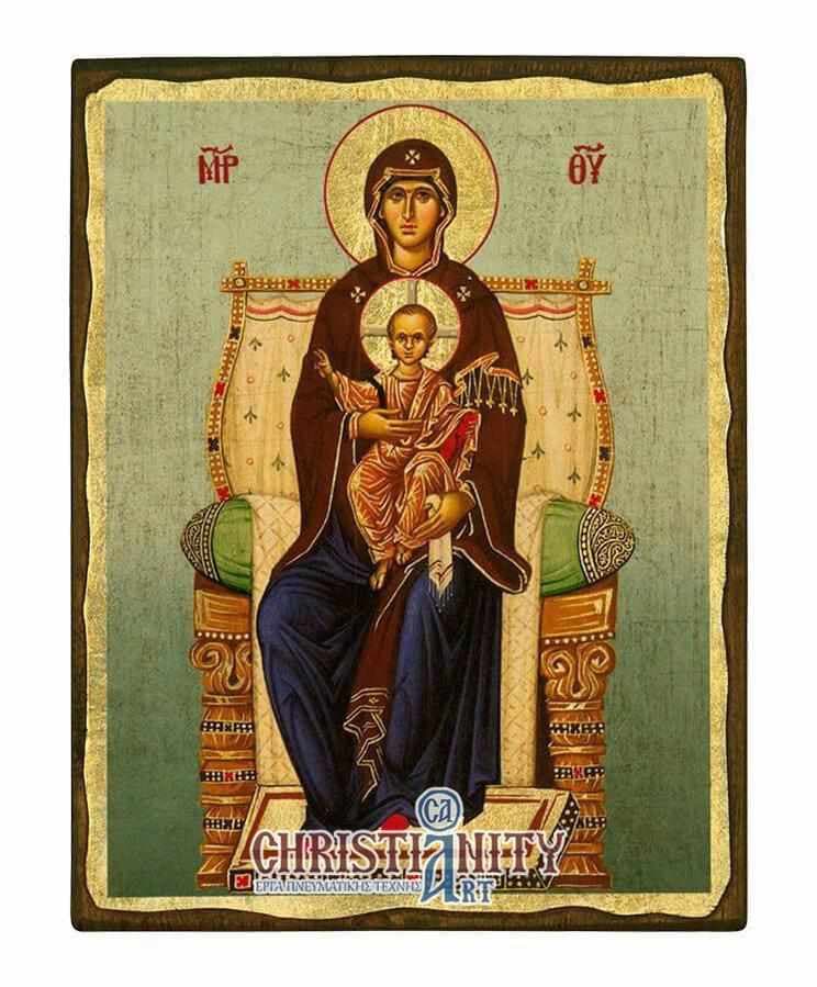 Virgin Mary Enthroni - Wooden aged image on canvas with golden background - Mount Athos — Paintings from Christianity Art