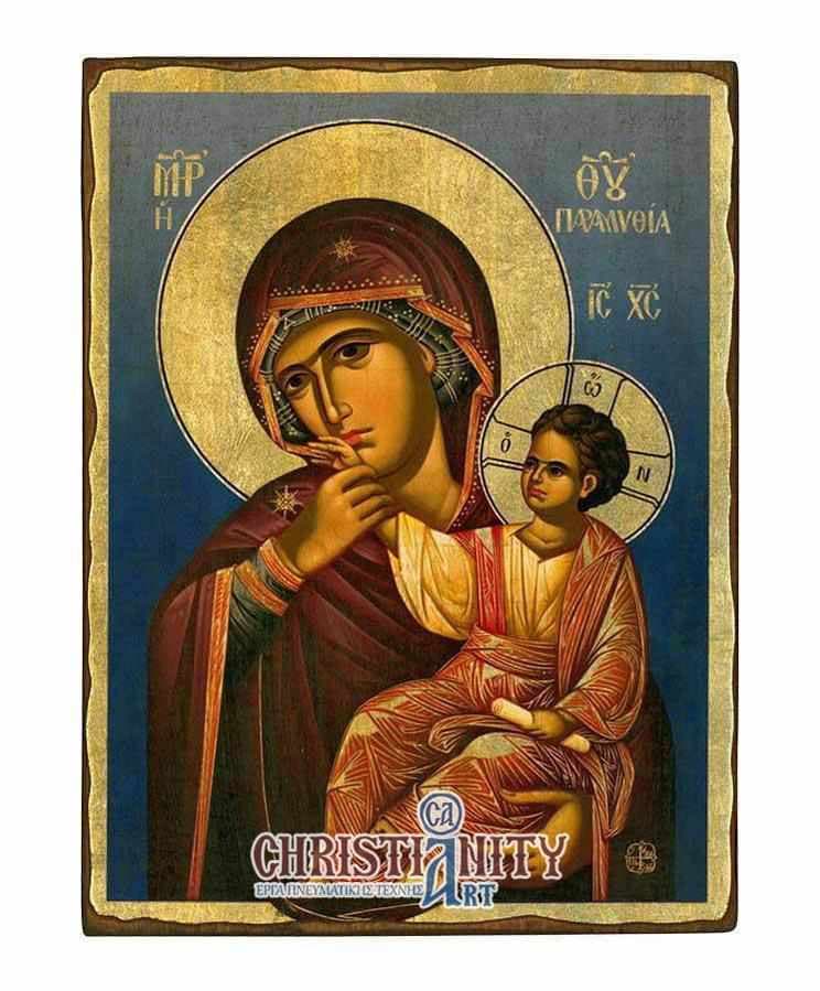 Virgin Mary Paramythia - Wooden aged image on canvas with golden background - Mount Athos — Paintings from Christianity Art