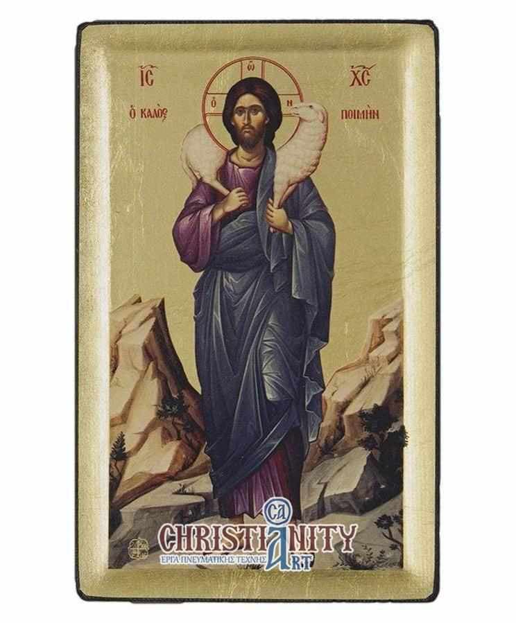 Christ Good Shepherd - Engraved wooden image on canvas with golden background - Mount Athos — Paintings from Christianity Art