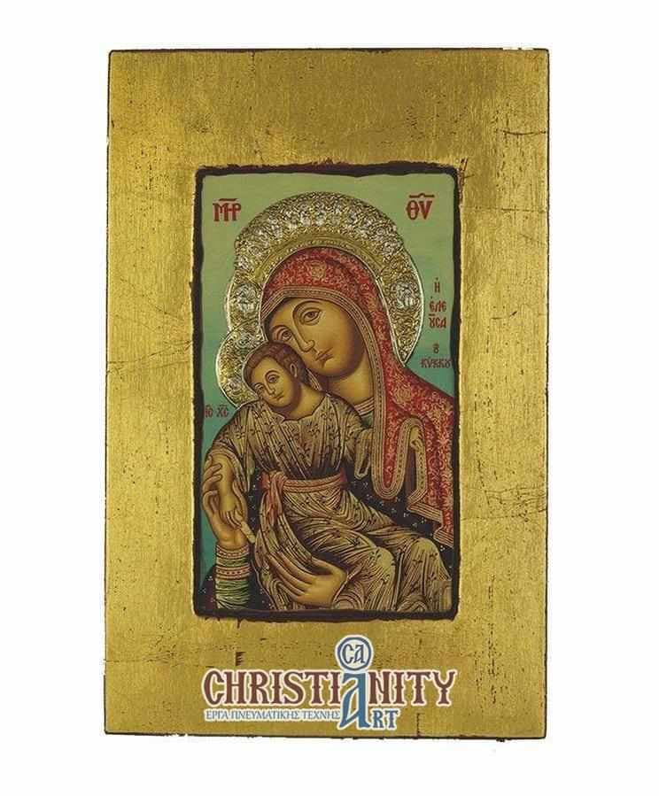 Virgin Mary Theotokos Eleousa - Old wooden icon with silver halo locally gold plated - Mount Athos — Paintings from Christianity Art
