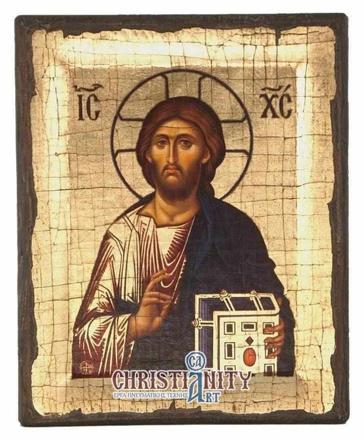 Jesus Christ Holy Monastery of Vatopedi - Engraved wooden aged image on canvas with golden background - Mount Athos — Paintings from Christianity Art