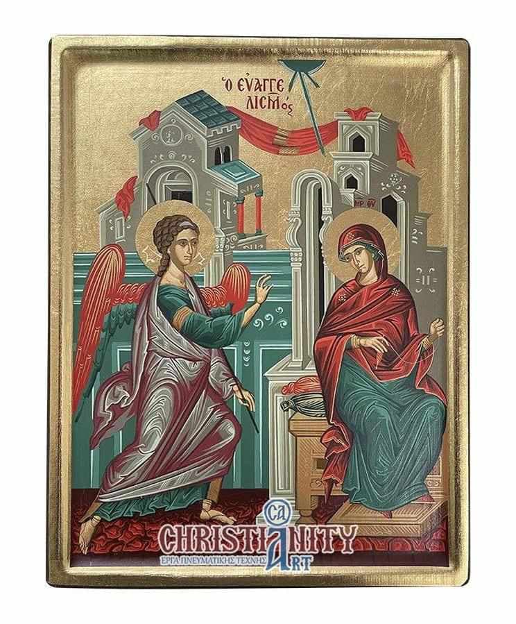 The Annunciation of Virgin Mary - Engraved wooden image painted on canvas - Mount Athos — Paintings from Christianity Art