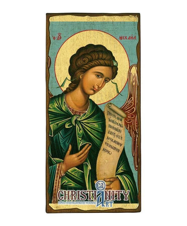 Archangel Michael - Wooden aged image on canvas with golden background - Mount Athos — Paintings from Christianity Art