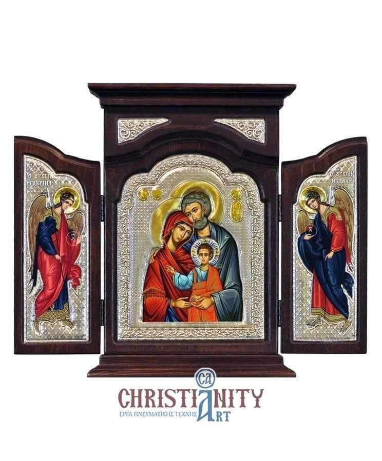 The Holy Family - Silver icon triptych on wood, locally gilded - Mount Athos — Wall reliefs from Christianity Art