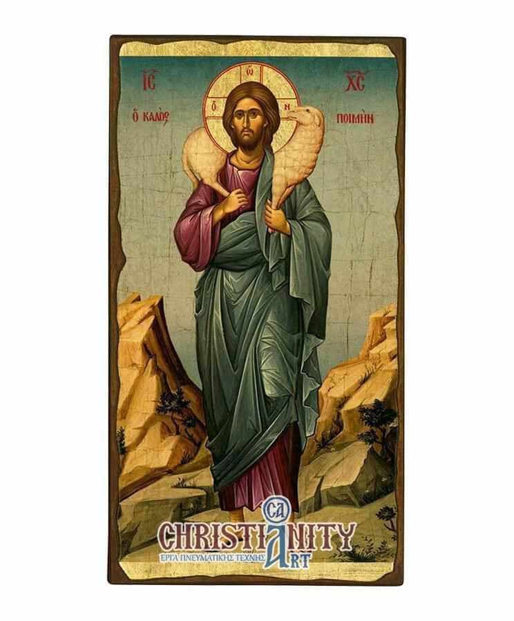 Christ Good Shepherd - Wooden aged image on canvas with golden background - Mount Athos — Paintings from Christianity Art