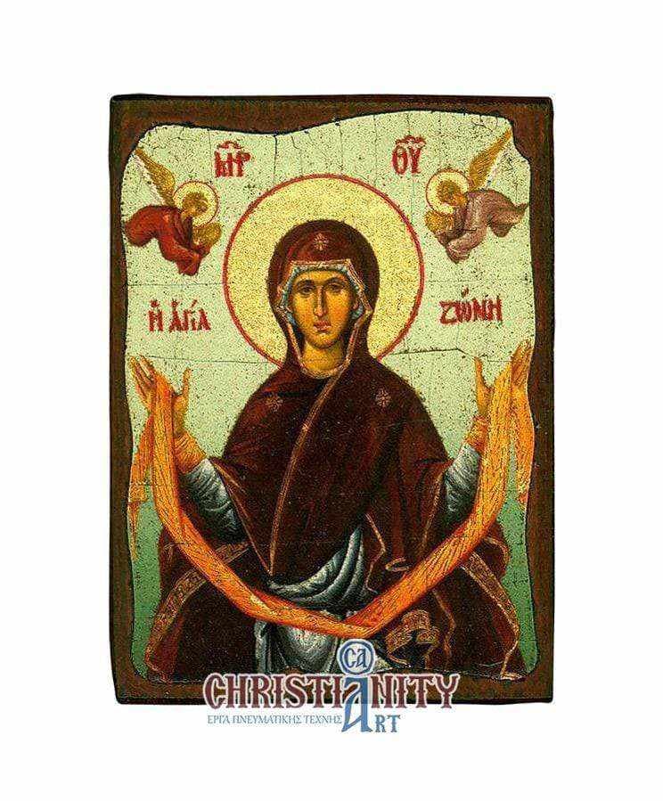 Holy Mary Zone - Wooden aged image on canvas with golden background - Mount Athos — Paintings from Christianity Art