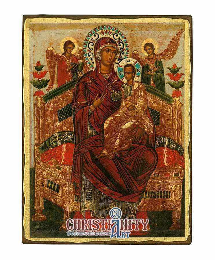 Virgin Mary Pantanassa - Wooden aged image on canvas with golden background - Mount Athos — Paintings from Christianity Art