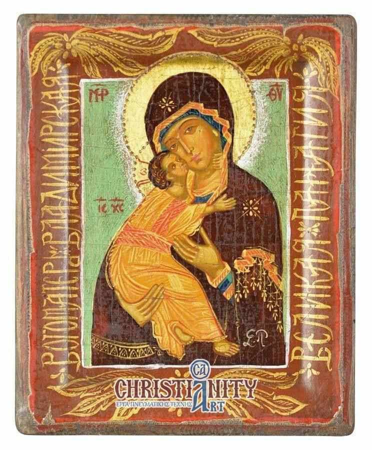Virgin Mary Vladimir - 100% handmade wooden image on canvas with golden background - Mount Athos — Paintings from Christianity Art