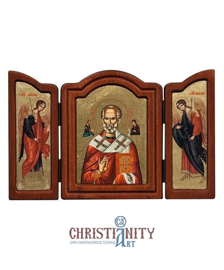 Saint Nikolaos - Old wooden icon triptych on canvas with golden background - Mount Athos — Paintings from Christianity Art