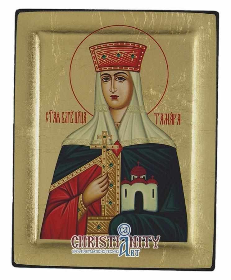 Saint Tamara - Excavated wooden image on canvas with gold background - Mount Athos — Paintings from Christianity Art