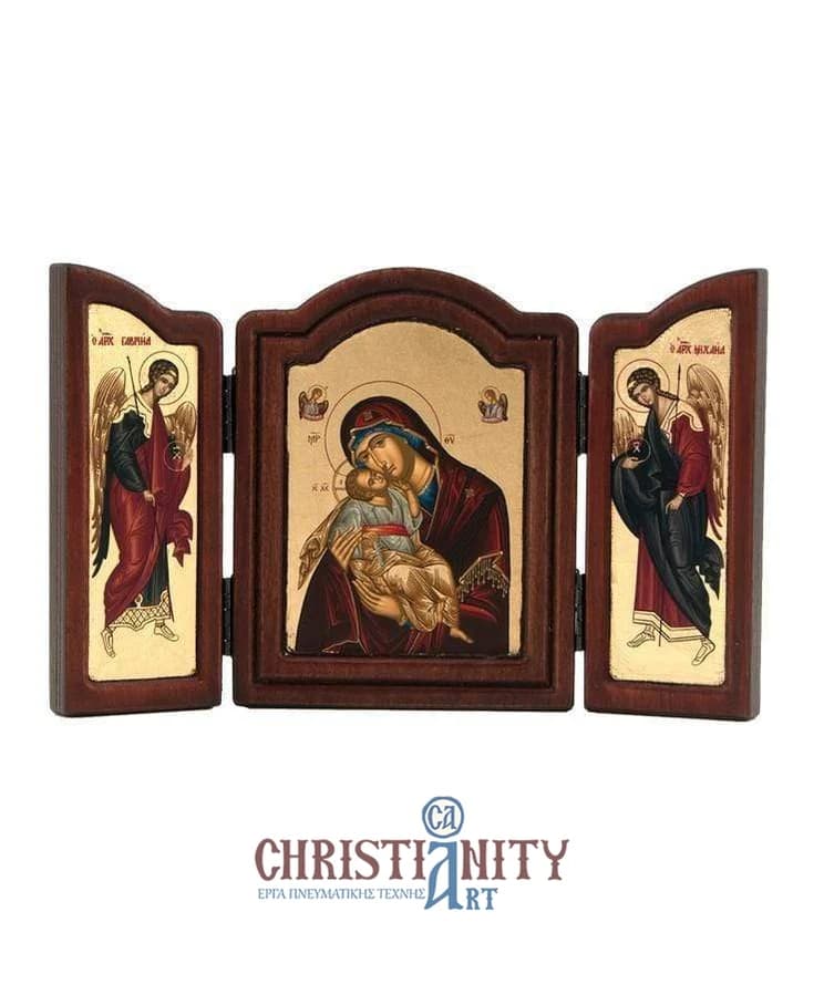 Virgin Mary Glylofilousa - Old wooden icon triptych on canvas with golden background - Mount Athos — Paintings from Christianity Art