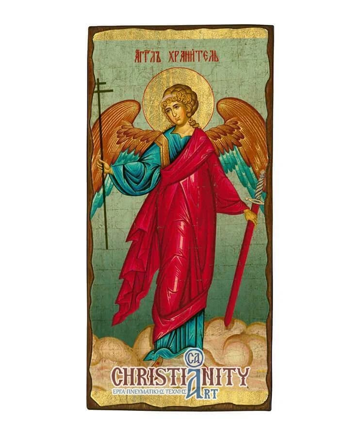 Protector Angel - Wooden aged image on canvas with golden background - Mount Athos — Paintings from Christianity Art