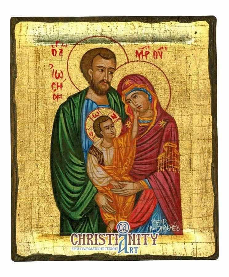 The Holy Family - Handmade icon painting on aged wood - Mount Athos — Paintings from Christianity Art