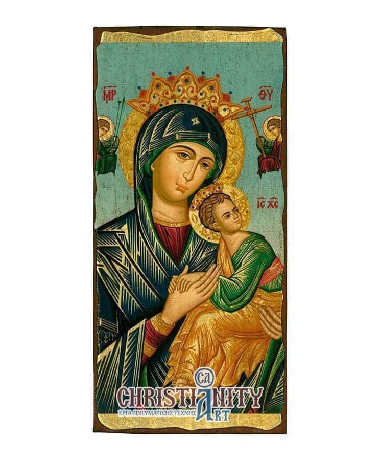 Virgin Mary Permanent Help - Wooden aged image on canvas with golden background - Mount Athos — Paintings from Christianity Art