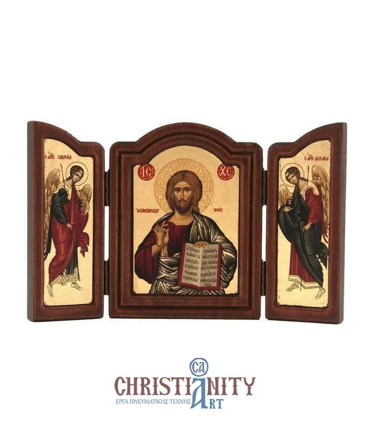 Christ Almighty - Old wooden icon triptych on canvas with golden background - Mount Athos — Paintings from Christianity Art