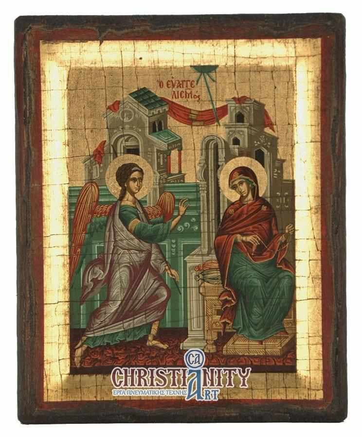 The Annunciation of the Virgin - Engraved wooden aged image on canvas with golden background - Mount Athos — Paintings from Christianity Art