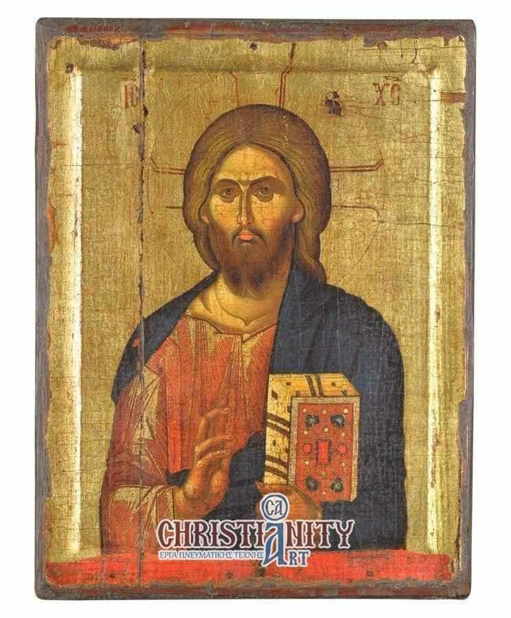 Christ Almighty - Engraved wooden aged image on canvas with golden background - Mount Athos — Paintings from Christianity Art