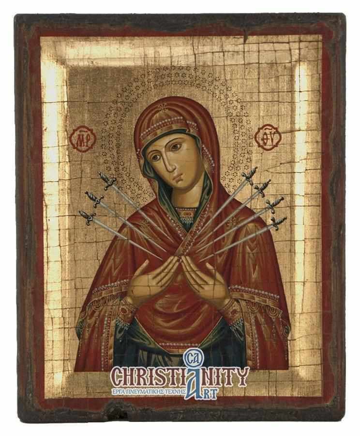 Virgin Mary with 7 Swords - Engraved wooden aged image on canvas with golden background - Mount Athos — Paintings from Christianity Art