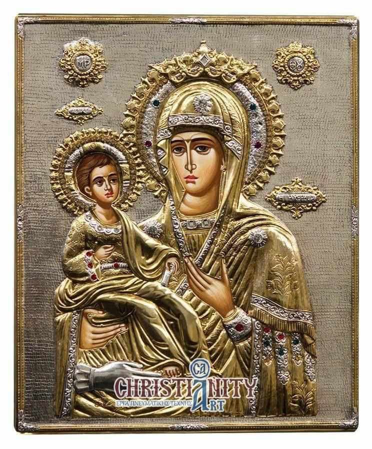 Virgin Mary Triherousa - Silver image in wood, locally gilded - Mount Athos — Wall reliefs from Christianity Art